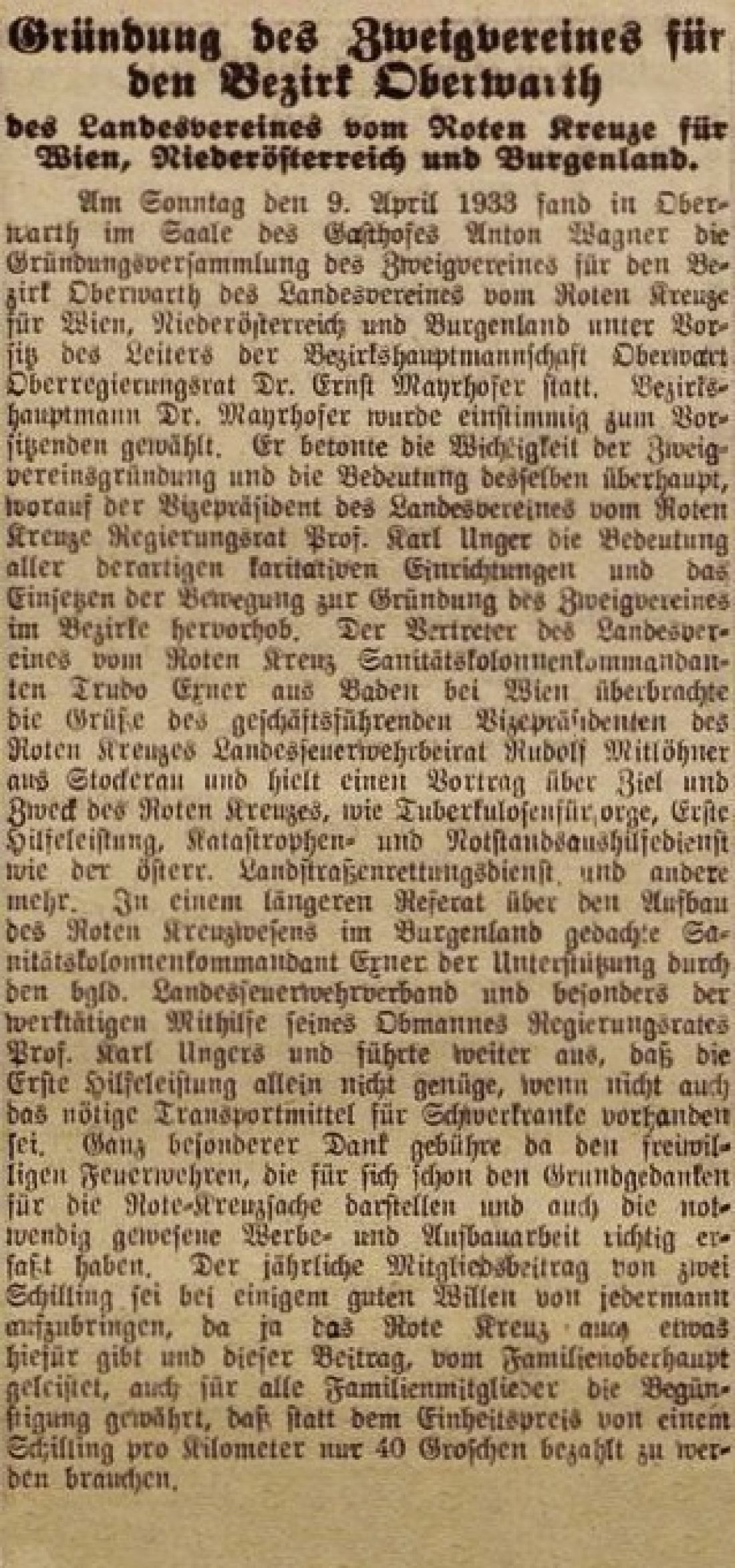 Oberwarther = Sonntagszeitung vom 16. April 1933: Gründung des Zweigvereines für den Bezirk Oberwarth des Landesvereines - Rotes Kreuz