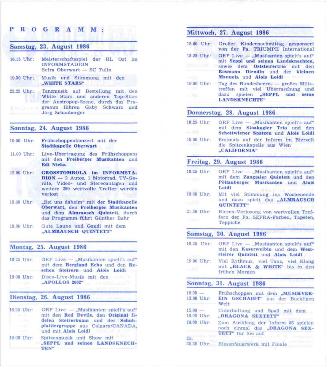 Bierzelt des SV Oberwart: Programm anlässlich der Inform 1986