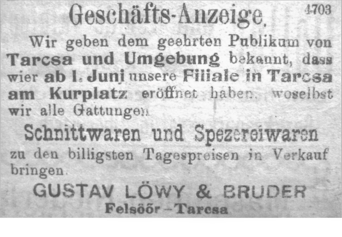Jüdische Gemeinde: Geschäftsanzeige von "Gustav Löwy und Bruder" (Tarcsa-Bad Tatzmannsdorf und Felsöör-Oberwart)