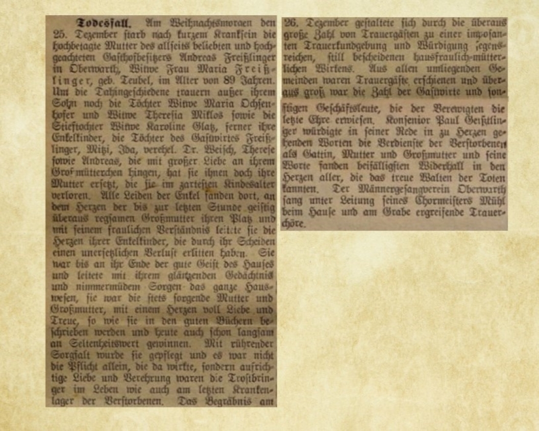 Bericht zum Ableben von Maria Freißlinger (auch Freiszlinger oder Freisslinger, geb. Teubel, *1843/+1932) in der Oberwarther Sonntags = Zeitung vom 1. Jänner 1933