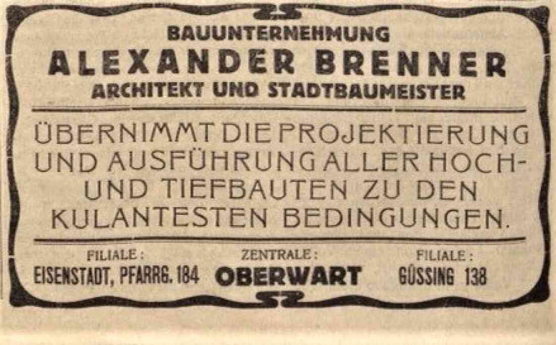 Oberwarther Sonntags = Zeitung vom 6. Mai 1923: Inserat von Alexander Brenner in der Güssinger Zeitung als Oberwarter "Architekt und Stadtbaumeister"