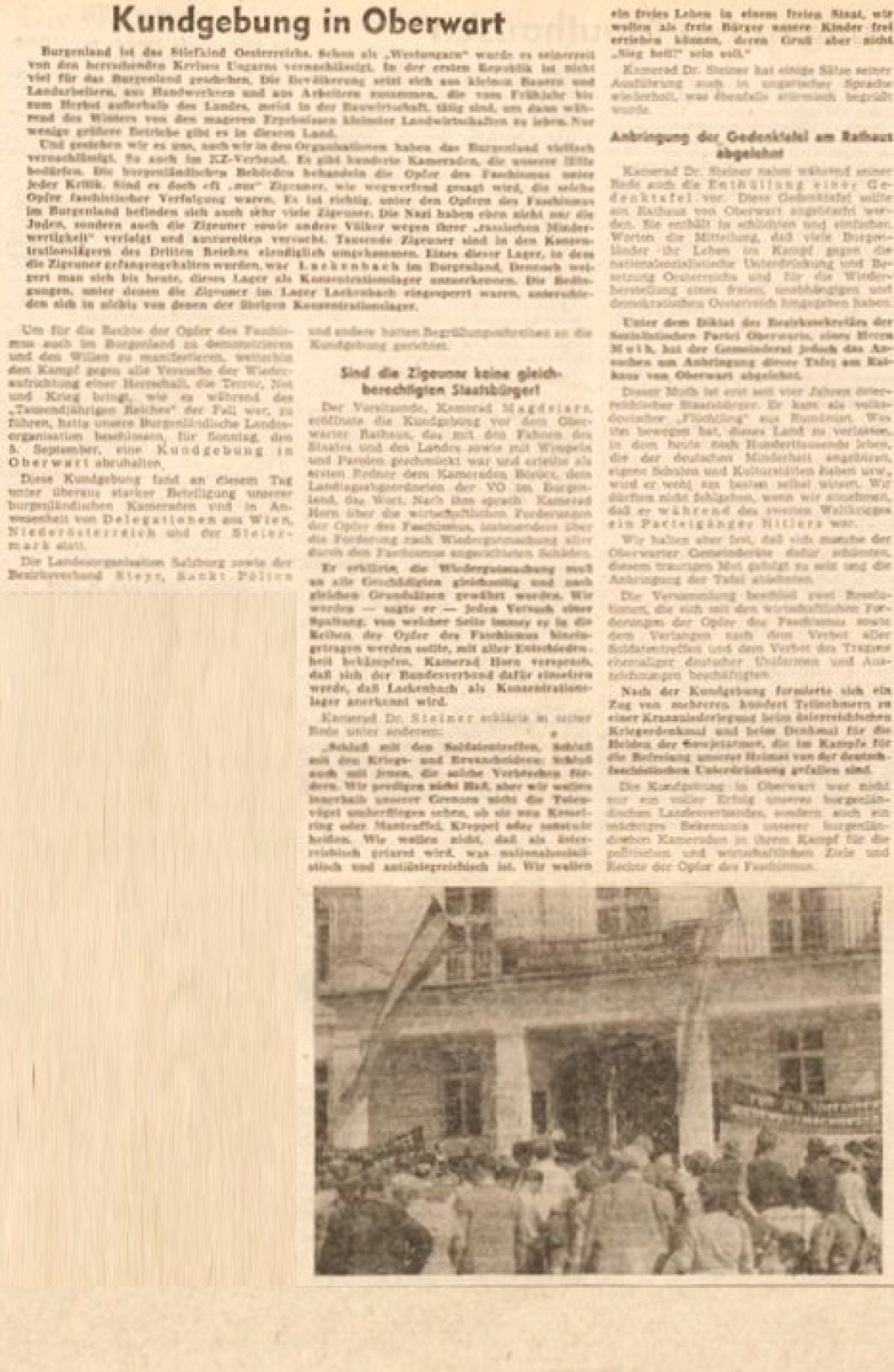 "Der neue Mahnruf" Verbandszeitschrift des KZ-Verbandes (Verband österreichischer Widerstandskämpfer und Opfer des Faschismus) Nr. 10 - 1954: Kundgebung in Oberwart