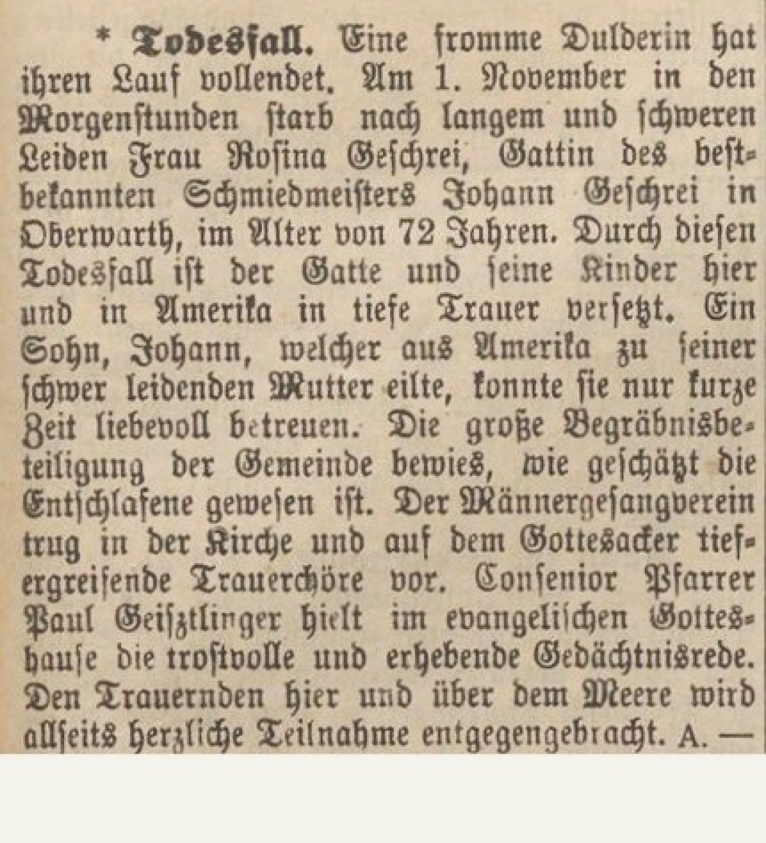 Oberwarther Sonntags-Zeitung vom 8. November 1925: zum Todesfall von Rosina Geschrey (geb. Saurer, *1853/+1925) - OW 666 / Wienerstraße 45