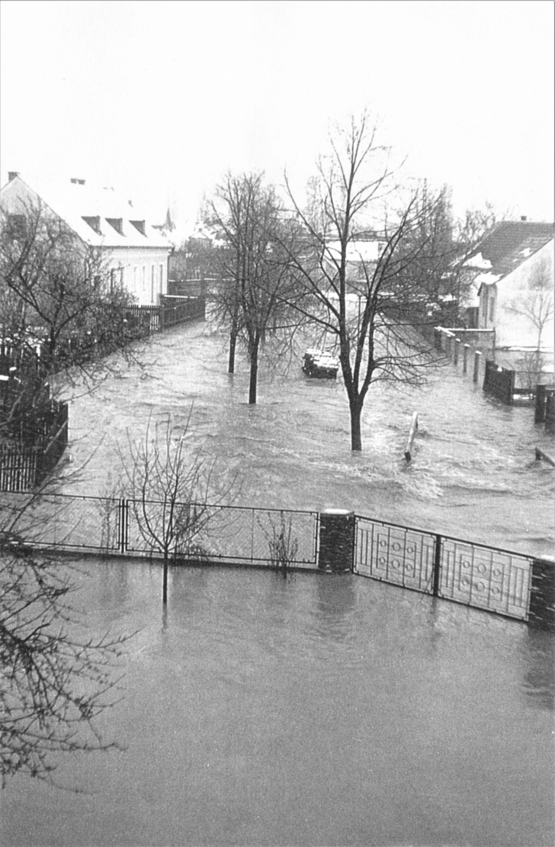 Hochwasser am Wehoferbach 1965: Blick vom 1. Stock des Hauses Linke Bachgasse 38 gegen SO