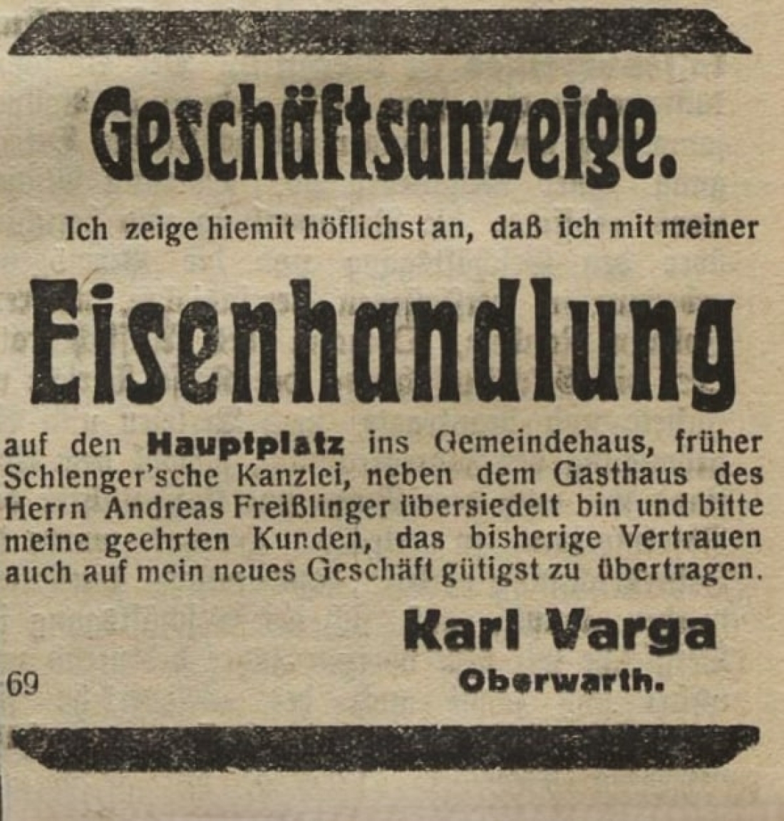 Eisenwarenhandlung Karl Varga: Geschäftsanzeige in der Oberwarther Sonntags = Zeitung vom 9. Jänner 1927
