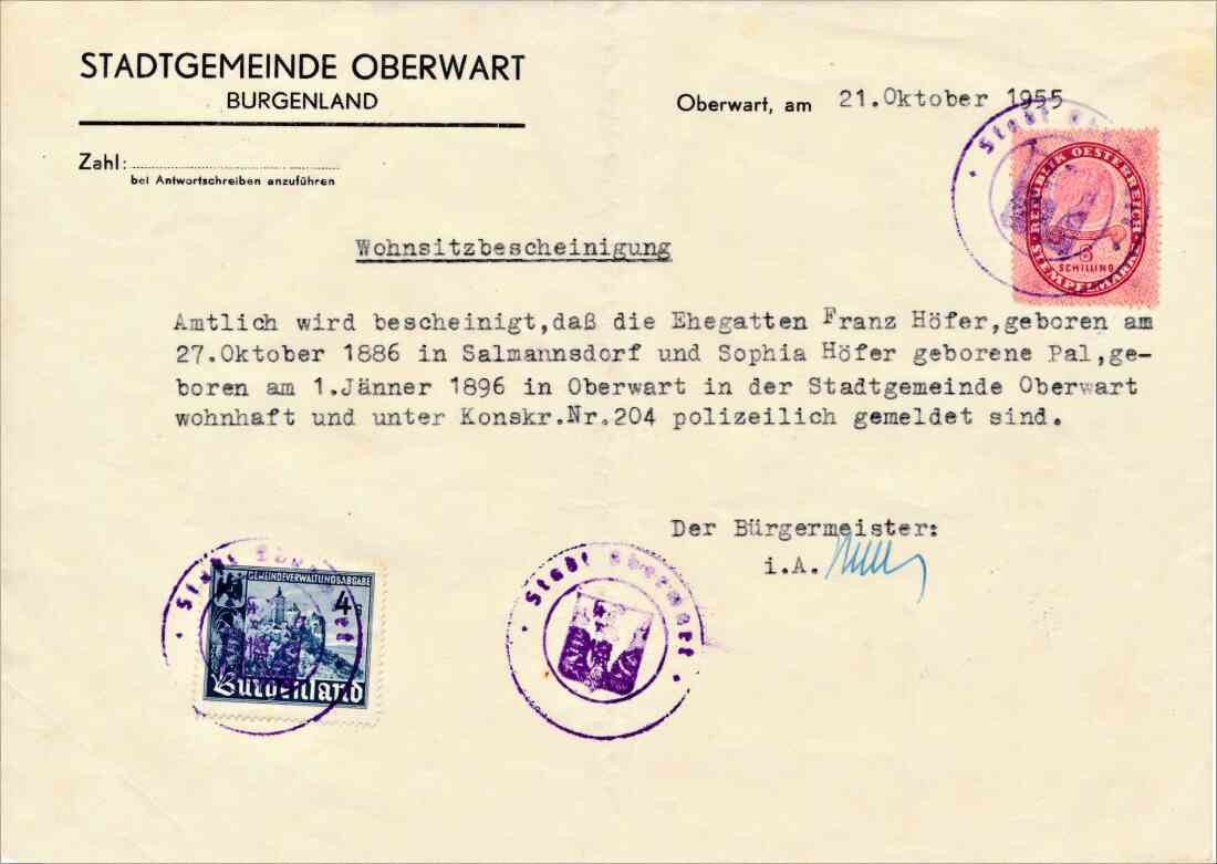Wohnsitzbescheinigung für Franz und Sophia Höfer