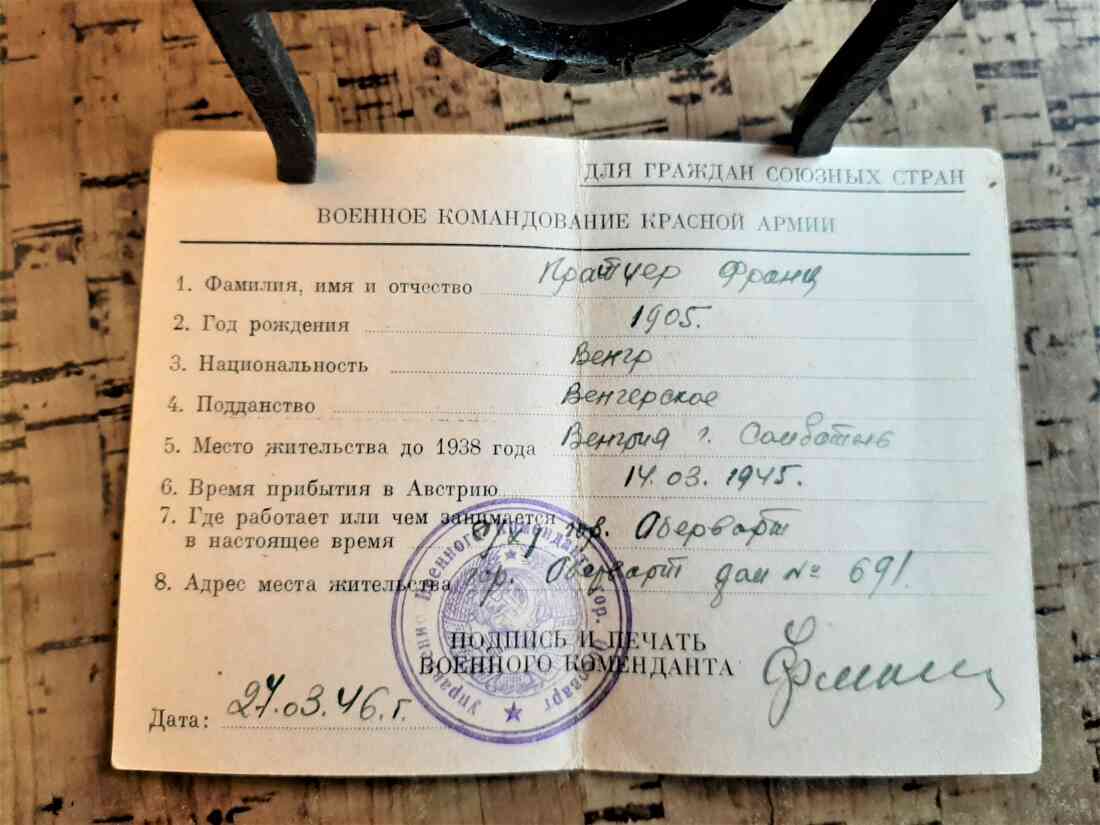 Franz Pratser: Legitimationskarte des Militärkommandos der Roten Armee in Oberwart