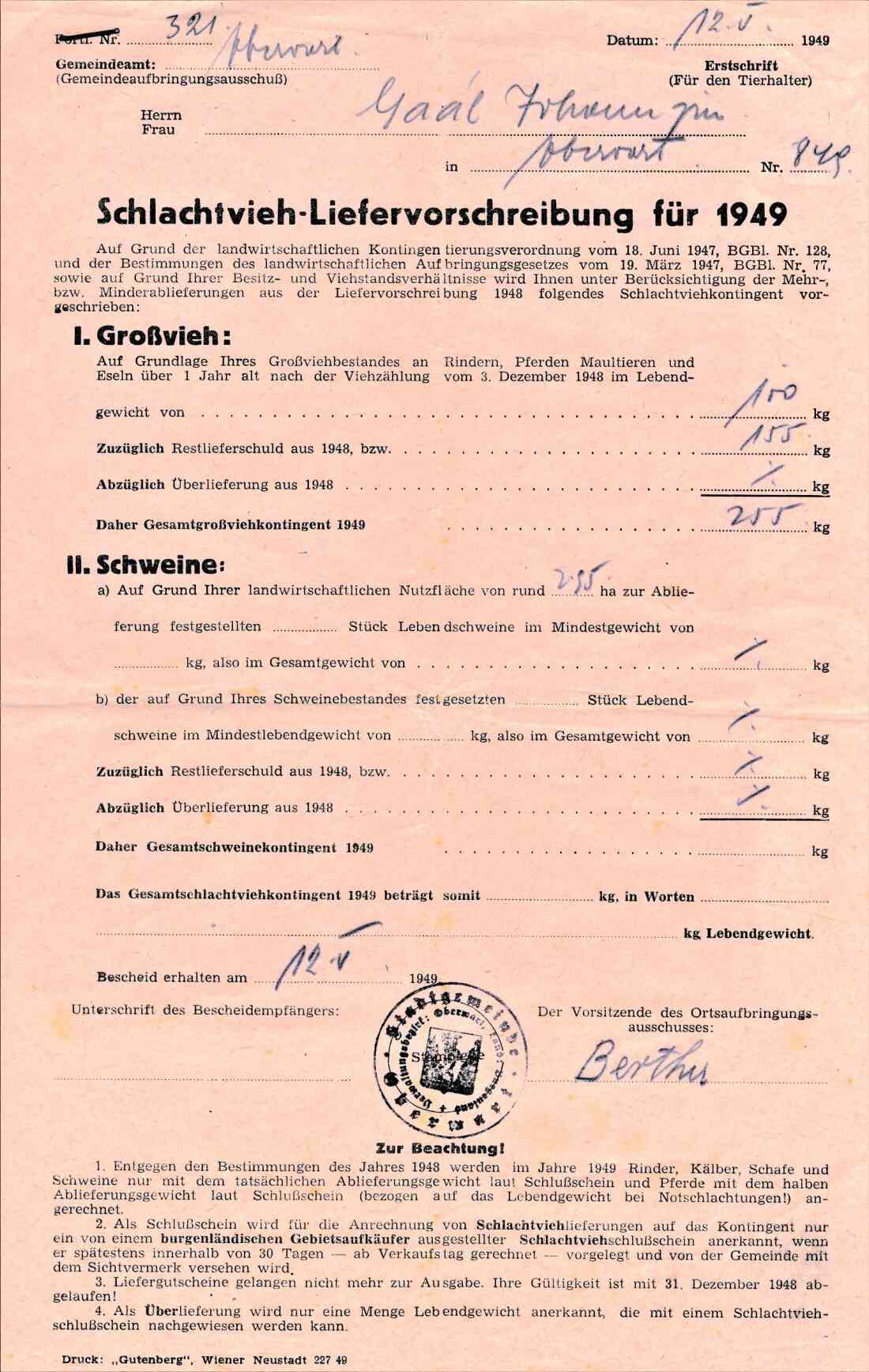 Johann Gaal: Schlachtvieh Liefervorschreibung