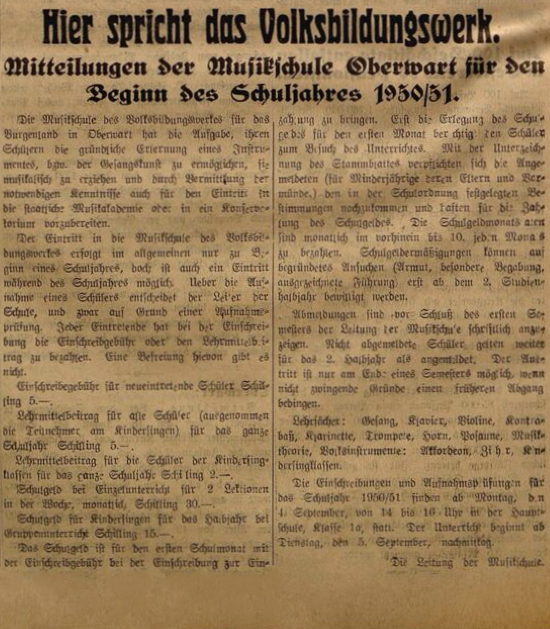 Oberwarter Zeitung vom 27. August 1950: Hier spricht das Volksbildungswerk - Mitteilungen der Musikschule Oberwart für den Beginn des Schuljahres 1950/51