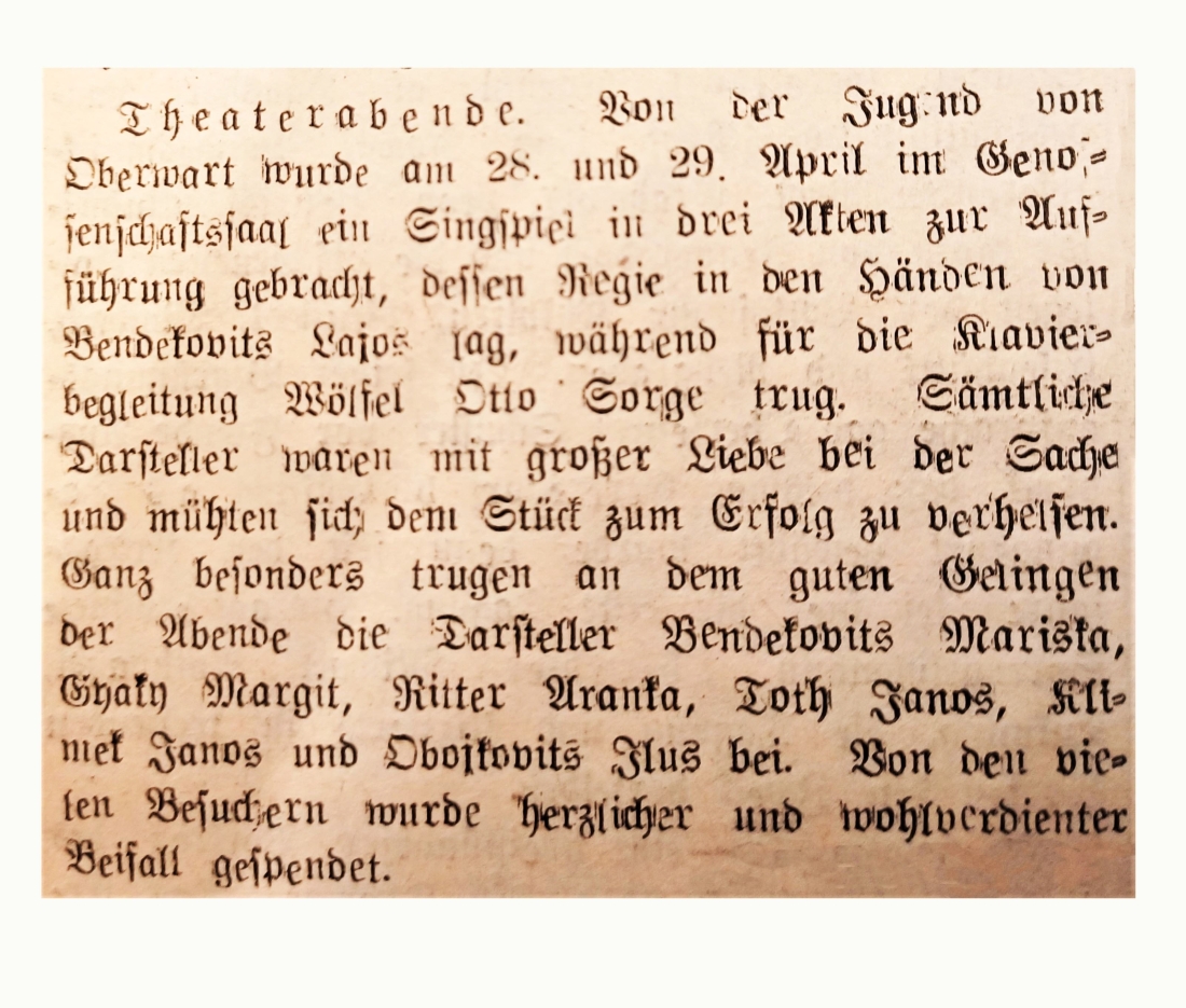 Die Oberwarter Zeitung vom 6. Mai 1951 berichtet über Theaterabende der Oberwarter Jugend