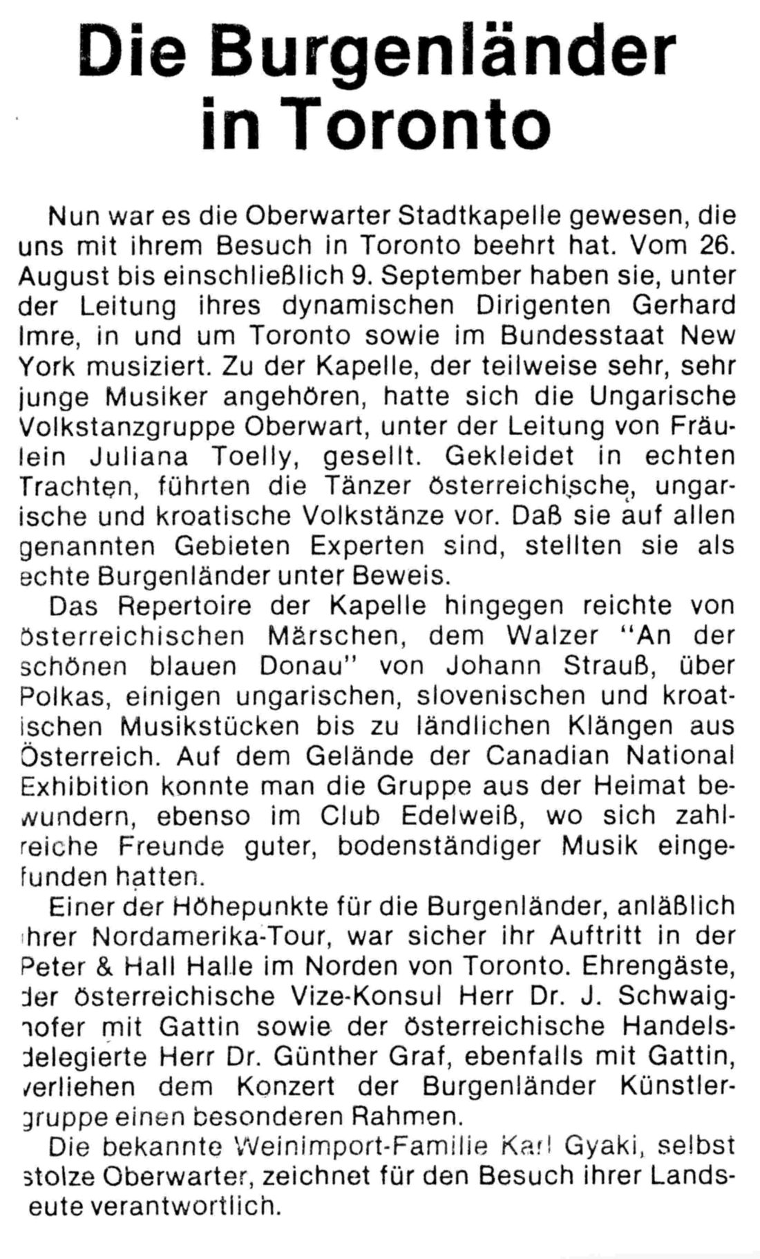 Stadtkapelle: Artikel in "Der Österreicher" - Zeitung für Auslandsösterreicher in Nordamerika - über die Konzertreise nach Toronto und Umgebung