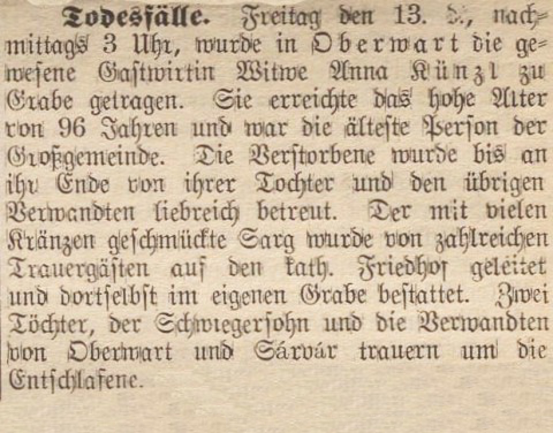 Oberwarther Sonntags-Zeitung vom 22. August 1937: kurzer Bericht zum Begräbnis der damals ältesten Oberwarterin Anna Künzl/Günczler
