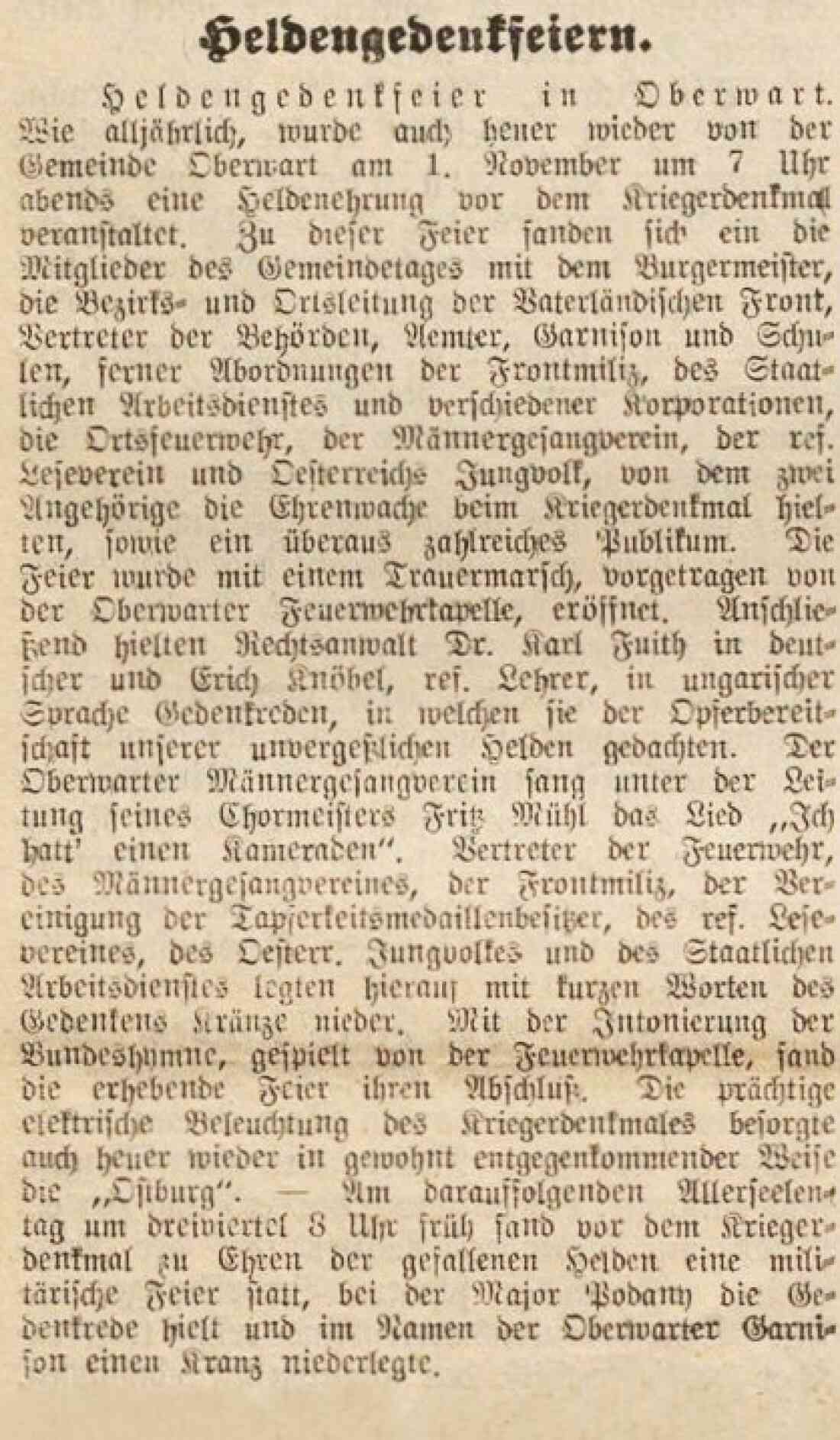 Artikel in der Oberwarther Sonntags = Zeitung vom 8. November 1936: Heldengedenkfeier vor dem Kriegerdenkmal