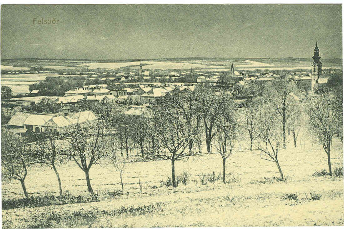 Ansichtskarte: Winterlicher Blick über Oberwart gegen Westen mit den drei Kirchen und der Synagoge