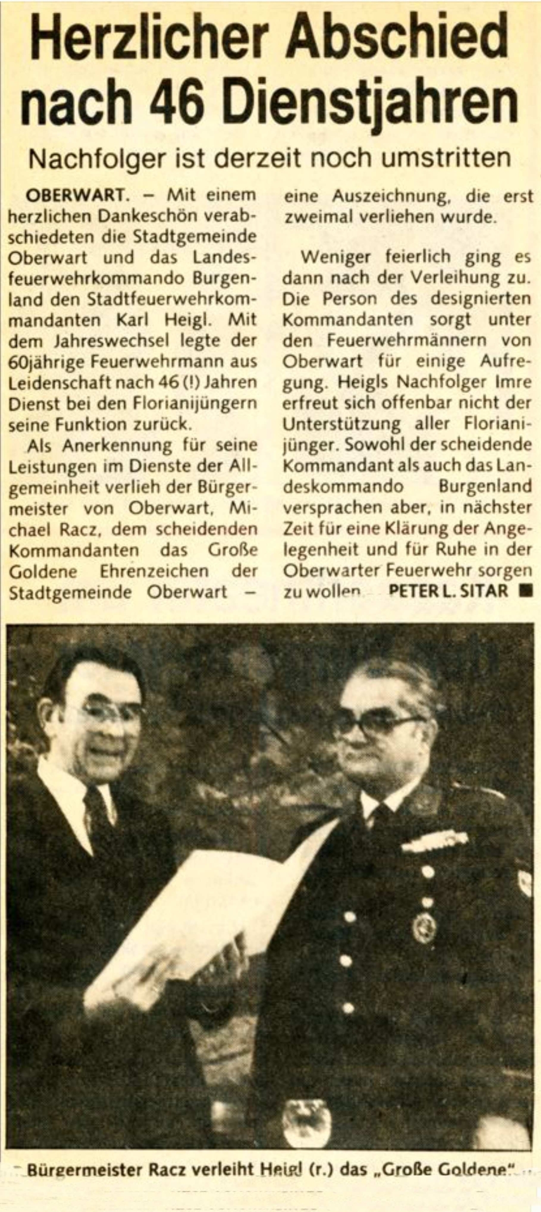 Kurier: Artikel zum Abschied vom Kommandanten der Stadtfeuerwehr Karl Heigl und der Verleihung des Großen Goldenen Ehrenzeichens der Stadt durch Bgm. Michael Racz