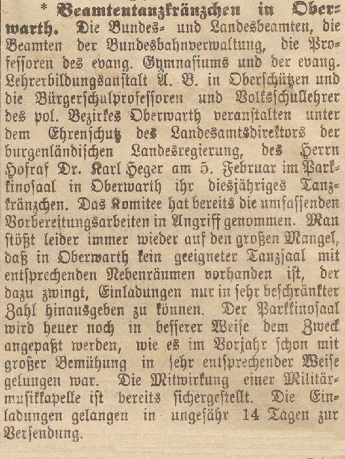 Announce in der Oberwarther = Sonntagszeitung vom 8. Jänner 1925: Ankündigung eines Beamtenkräzchens im Parkkinosaal