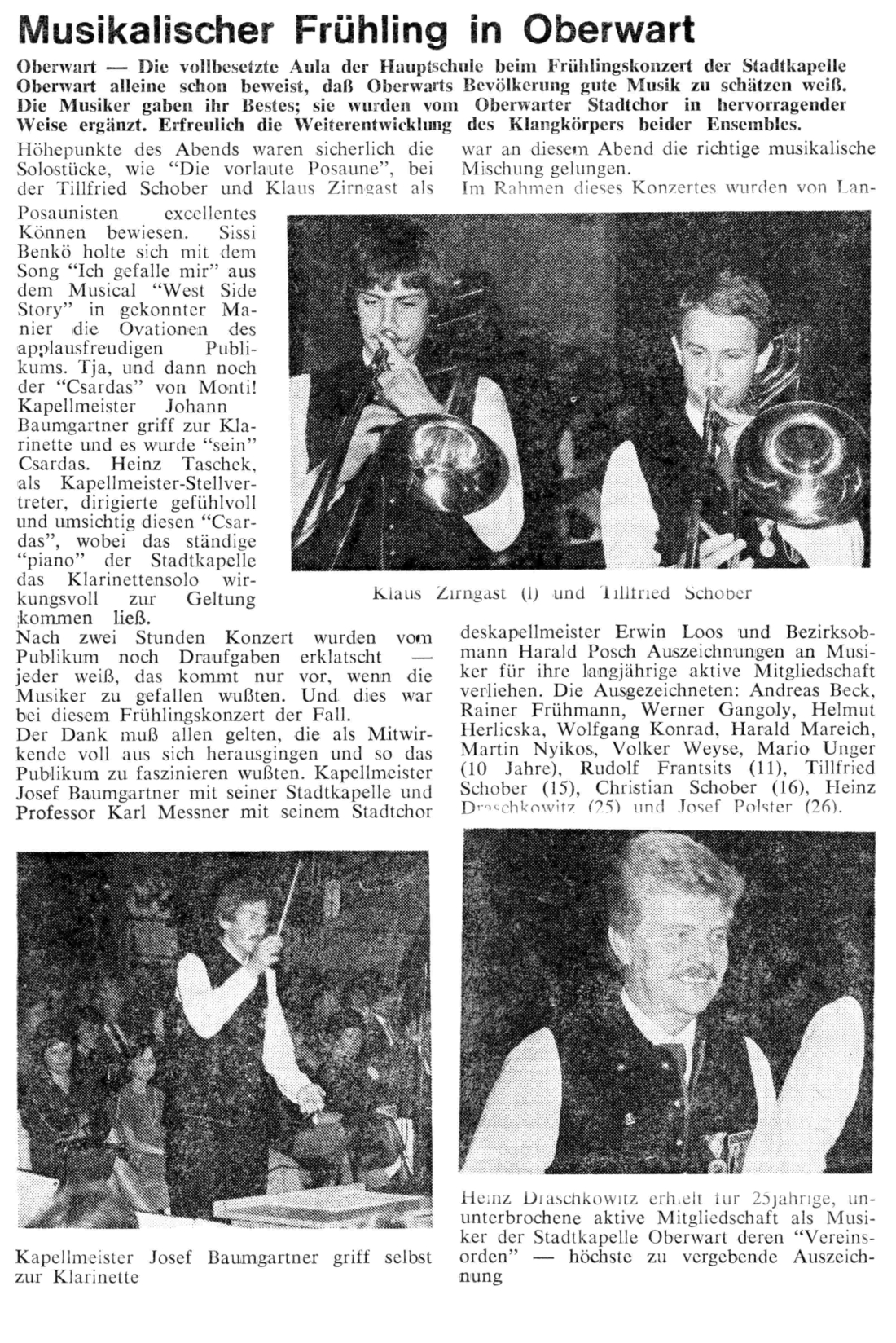 Stadtkapelle: Artikel mit dem Titel "Musikalischer Frühling" anlässlich des Frühlingskonzerts 1984 - Zirngast/Schober/Baumgartner/Draschkowitz