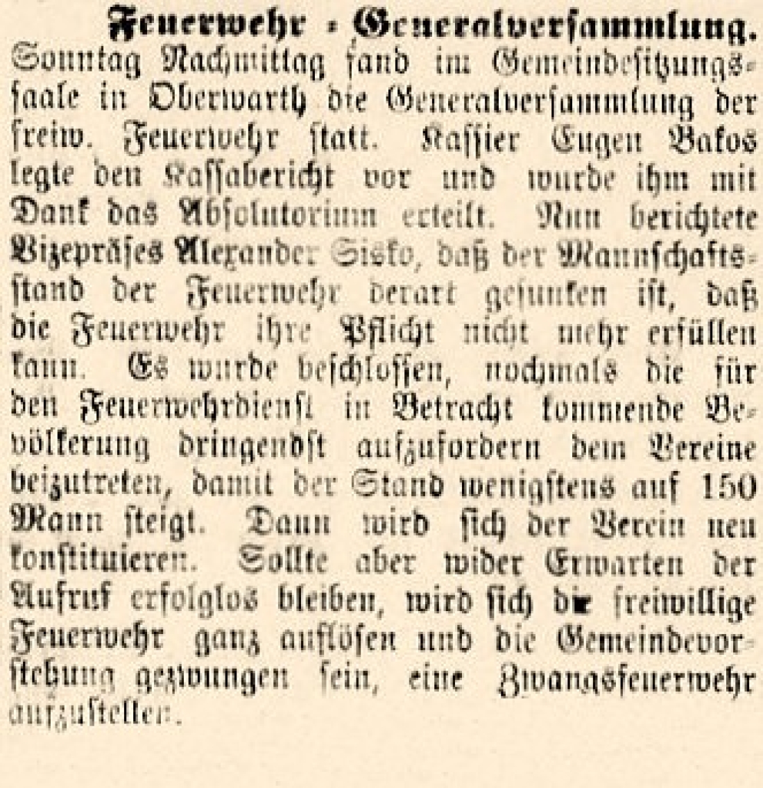 Oberwarther Sonntags-Zeitung vom 19. Juni 1921: Bericht über die Generalversammlung der Feuerwehr