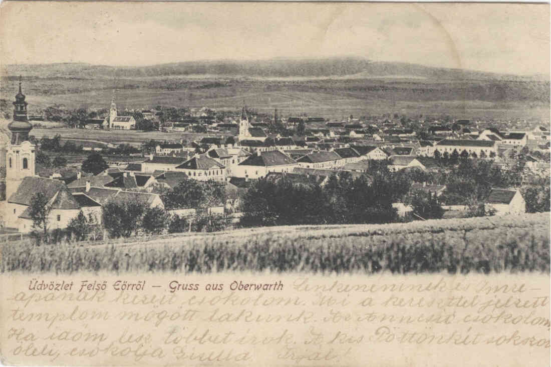 Ansichtskarte: "Üdvözlet Felsö Eörröl" / "Gruss aus Oberwarth" - Gesamtansicht gegen Westen mit den drei Kirchen, jedoch noch ohne Synagoge