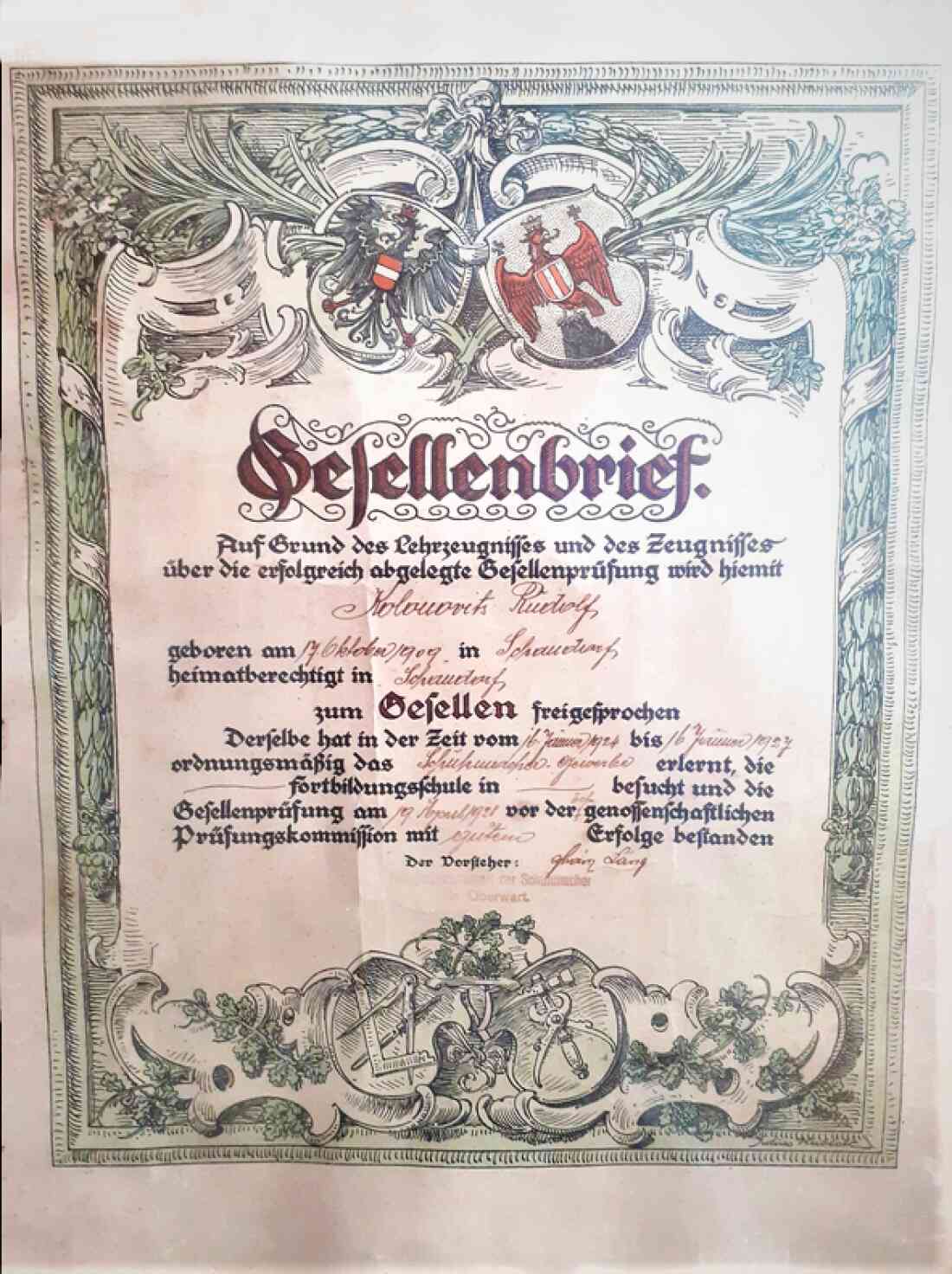 Gesellenbrief: Ablegung der Prüfung durch Rudolf Kolonovits vor der Kommission in Oberwart (Vorsteher Franz Lang)