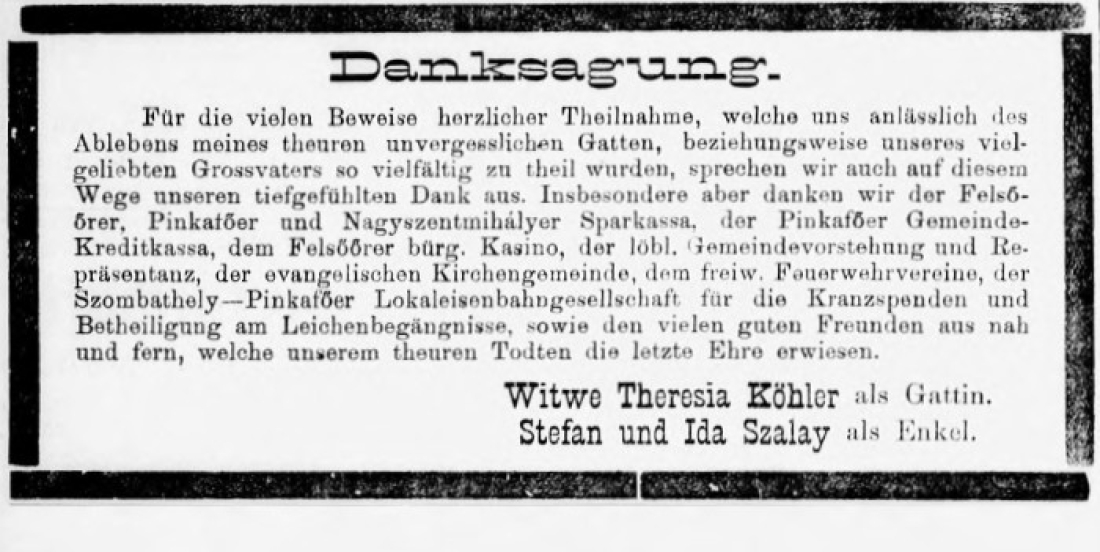 Oberwarther Sonntags-Zeitung vom 31. April 1910: Danksagung der Fam. Köhler und Szalay Anlässlich des Ablebens von Postmeister Janos / Johann Köhler