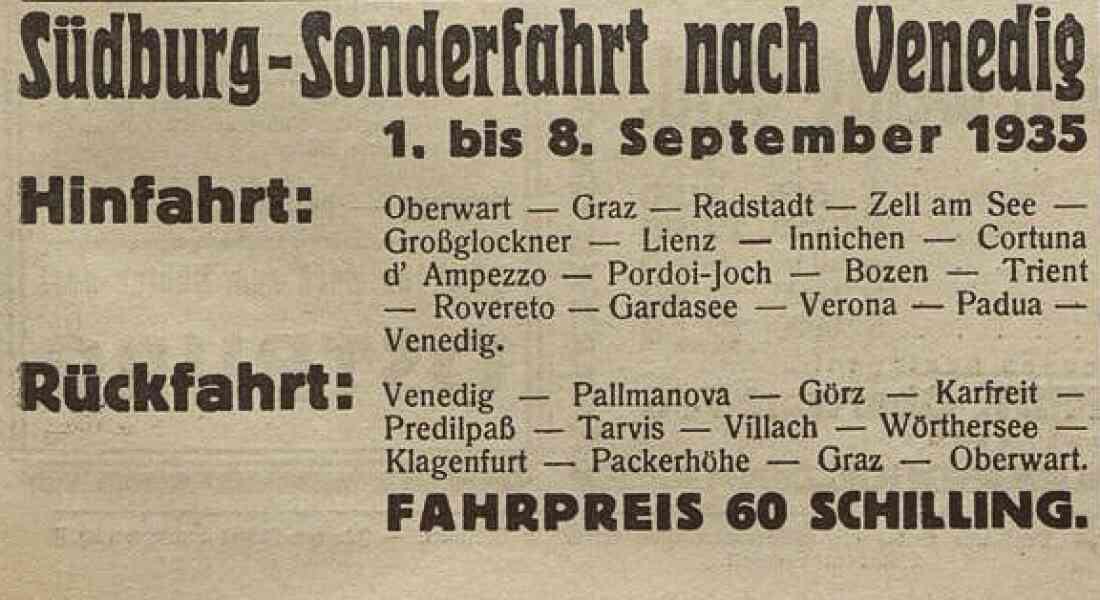 Announce in der Oberwarther Sonntags-Zeitung: Südburg - Sonderfahrt nach Venedig