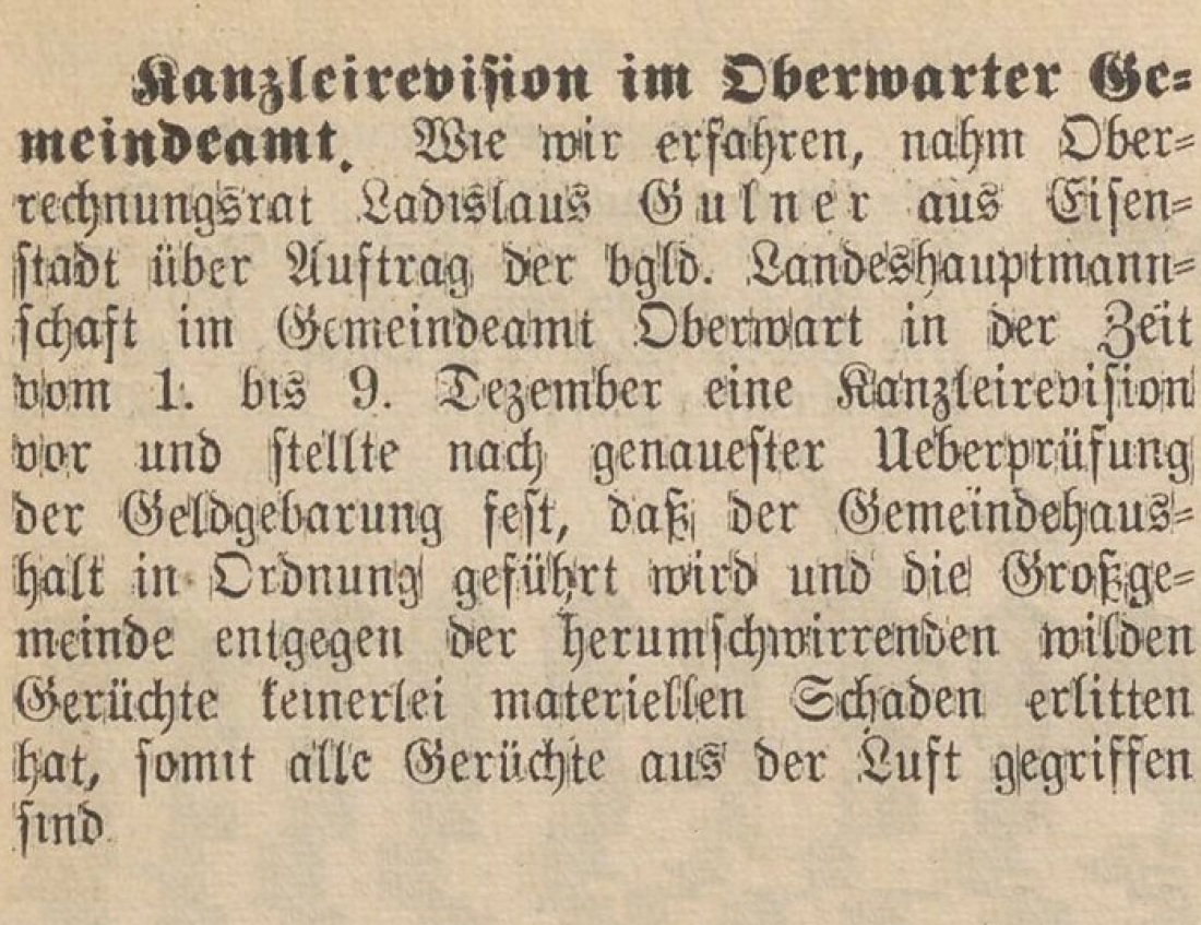 Oberwarther = Sonntagszeitung vom 19. Dezember 1937: Kanzleirevision im Oberwarter Gemeindeamt zur Zeit von Bürgermeister Alexander Sisko