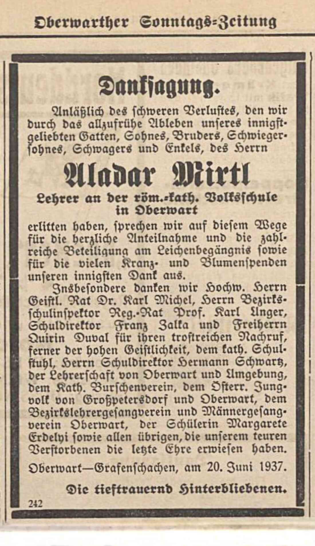 Danksagung anlässlich des Ablebens des röm. kath. Lehrers Aladar Mirtl (*1910/+1937) in der Oberwarther Sonntag-Zeitung vom 27. Juni 1937