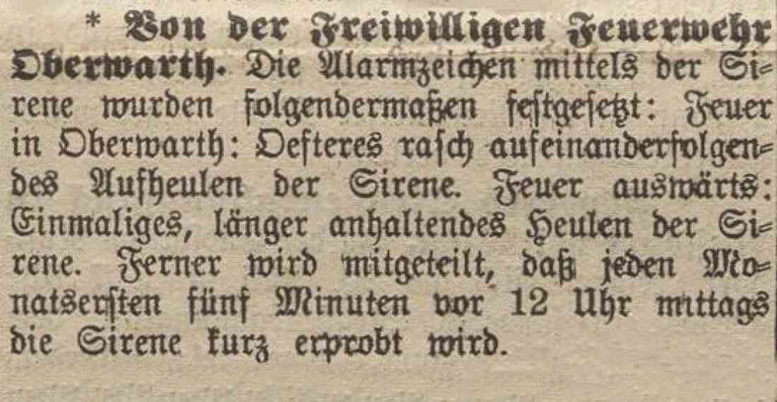 Kurzinformation der Feuerwehr in der Oberwarther Sonntags-Zeitung vom 28. Juli 1929: "Alarmzeichen der Sirene"
