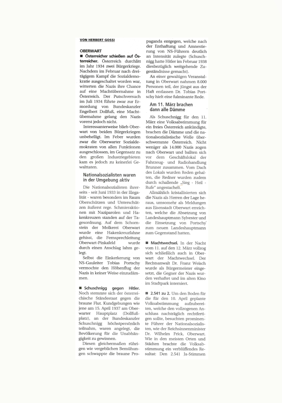 Artikelserie zur Geschichte der Stadt von Herbert Gossi: 1933 bis 1938