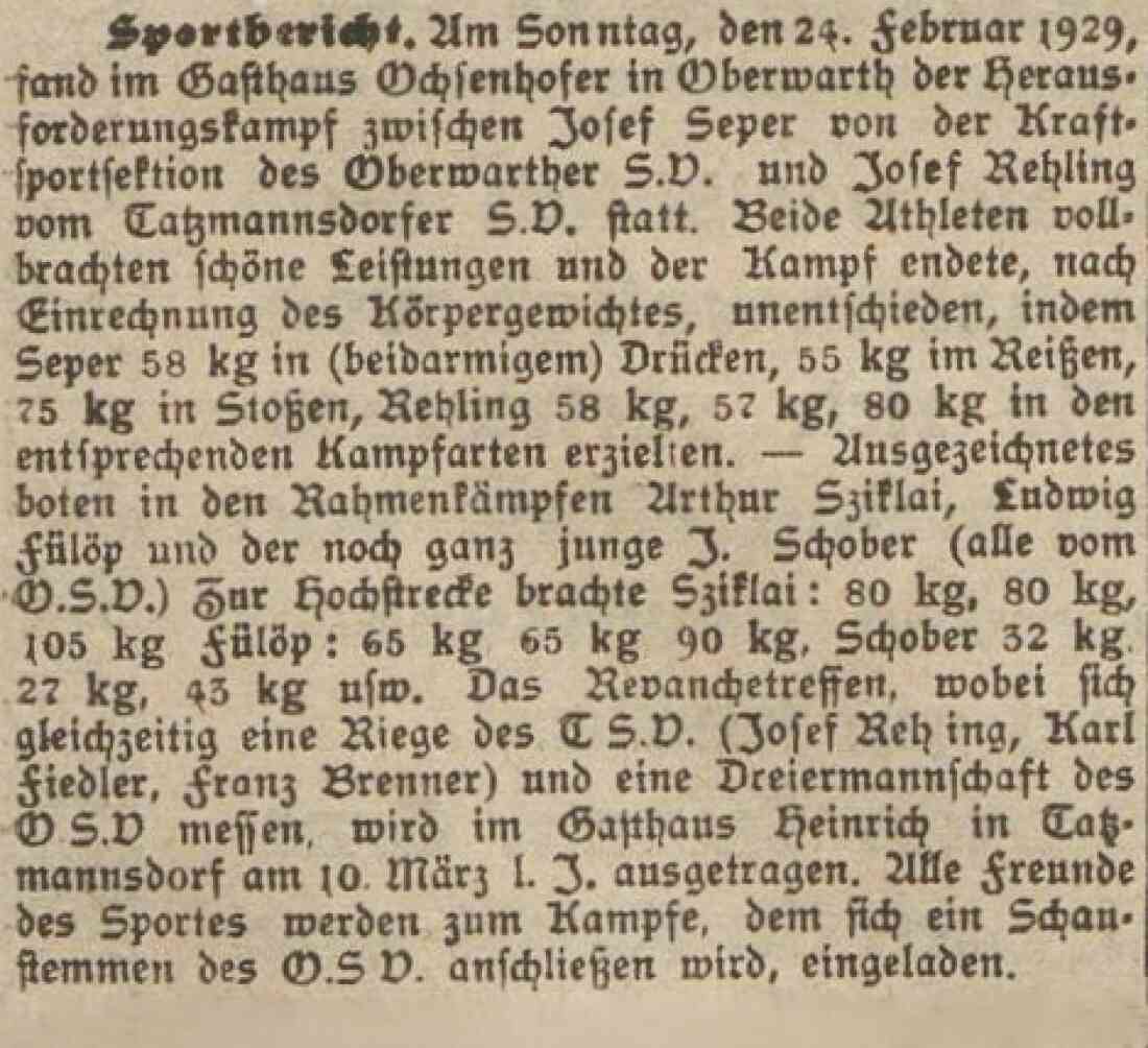 Bericht in der Oberwarther Sonntags-Zeitung vom 3. März 1929: Herausforderungskampf der Kraftsportsektion des O.S.V.