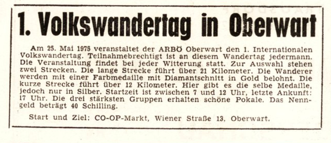 BF vom 22. Mai 1975: Ankündigung des 1. ARBÖ-Volkswandertags in Oberwart