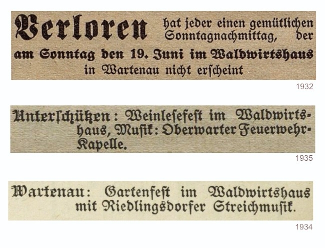 Announcen in der Oberwarther = Sonntagszeitungen: Waldwirtshaus in der Warthenau (auch Wartenau)