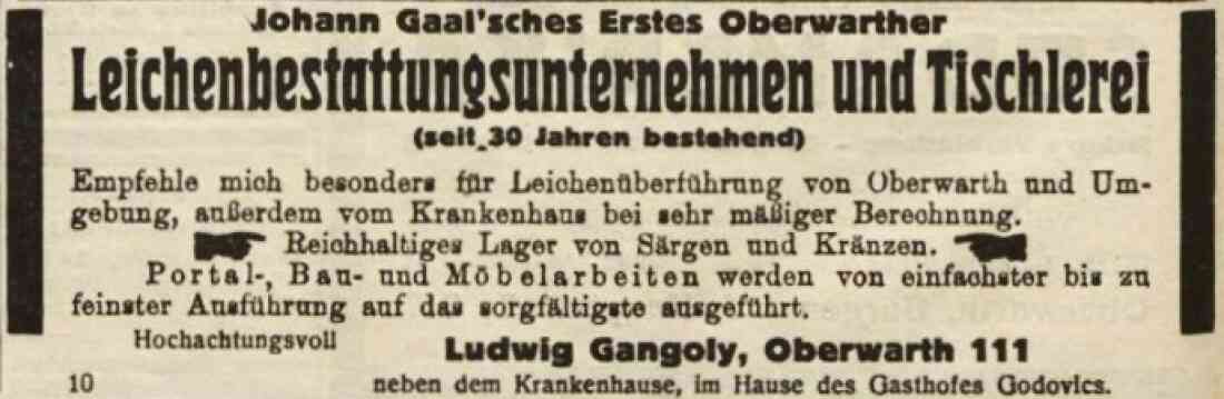 Anzeige in der Oberwarther Sonntags = Zeitung vom 1. Jänner 1928: Tischlerei und Bestattung Ludwig Gangoly