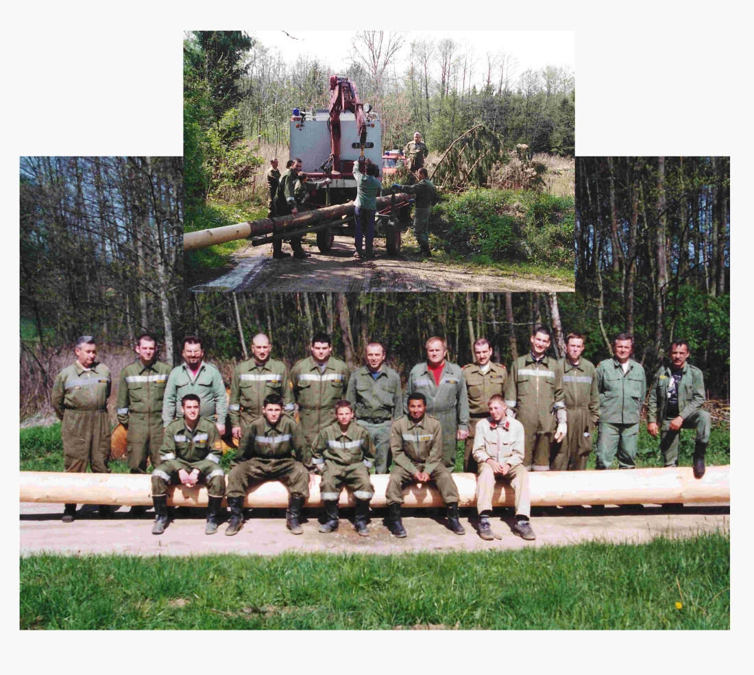 Stadtfeuerwehr: Maibaumeinholen 2002 -  Imre/Rath/Ibrahim/Grof/Gartner/Eberhardt/Seper/Osvald/Mohat/Csernaczky/Szabo/Schützenhofer