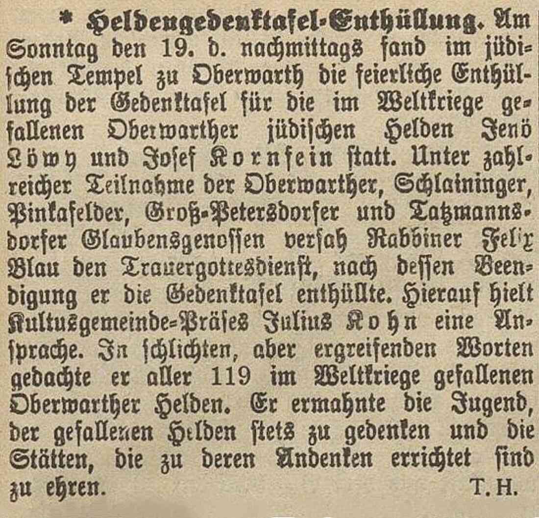 Jüdische Gemeine: die Oberwarther Sonntags-Zeitung vom 26. Juni 1927 berichtet "Heldengedenktafel-Enthüllung"