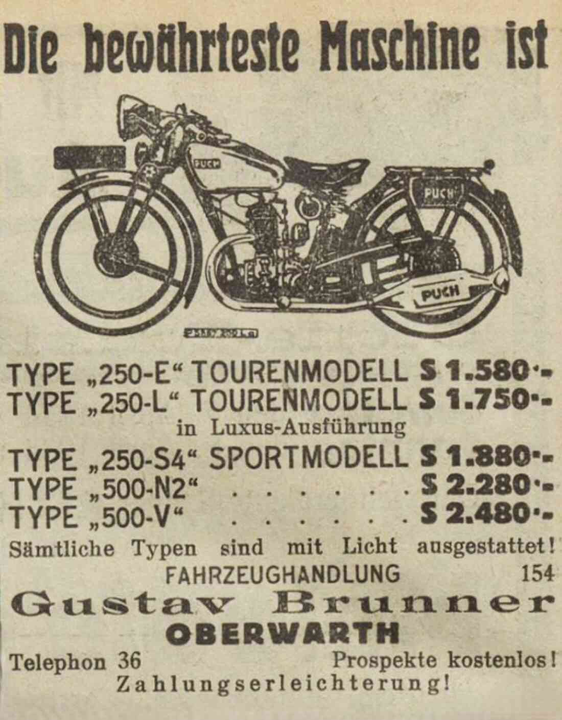 Inserat in der Oberwarther Sonntags-Zeitung vom 8. April 1934: Fahrzeughandlung Gustav Brunner inseriert verschiedene Puch-Motorräder