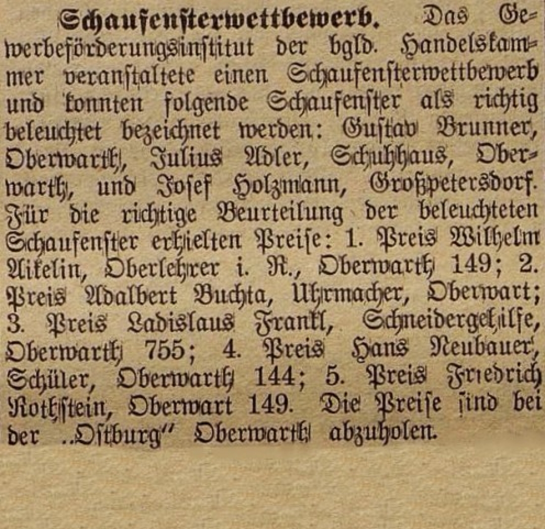 Oberwarther = Sonntagszeitung vom 4. Dezember 1932: Schaufensterwettbewerb zur richtigen Beleuchtung