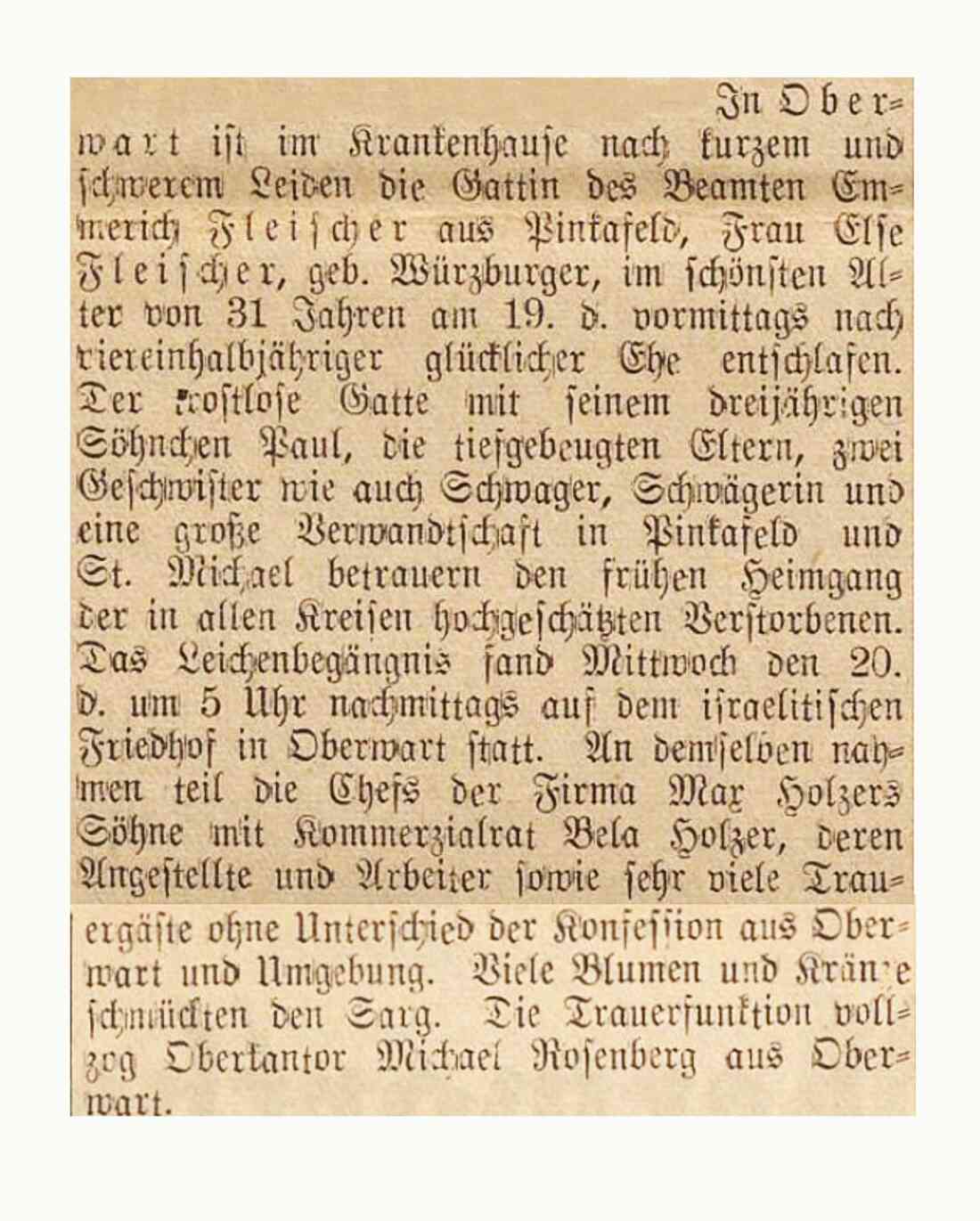 Jüdische Gemeinde: Artikel zum Ableben von Frau Else Fleischer (geb. Würzburger, *1902/+1936) in der Oberwarther Sonntags-Zeitung vom 24. Mai 1936