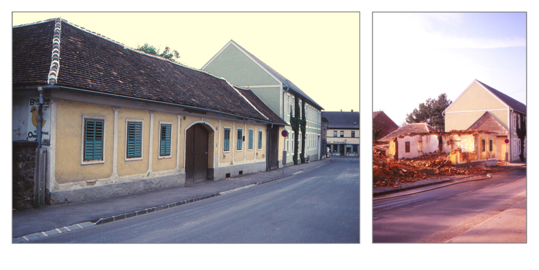 Blick in die Schlainingerstraße gegen die Stadtmitte: Bauernhaus Michael Ruzsa (Schlaningerstraße 6) und Haus Schober (Schlainingerstraße 4)