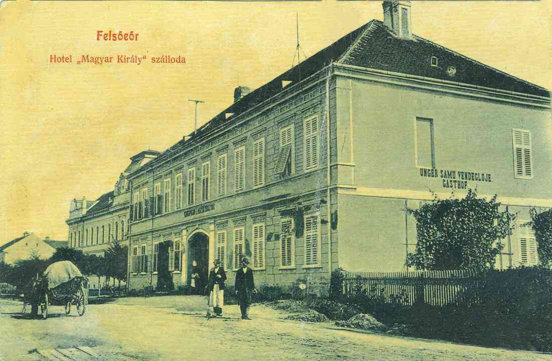 Ansichtskarte: Gasthof Samu bzw. Samuel Unger / "Magyar Kiraly" szalloda - Hotel "König von Ungarn" (OW 144 / später Paganyhaus Hauptplatz 11)