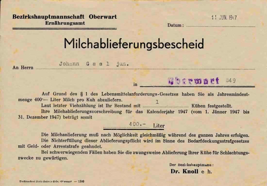 Johann Gaal: Milchablieferungsbescheid der BH Oberwart