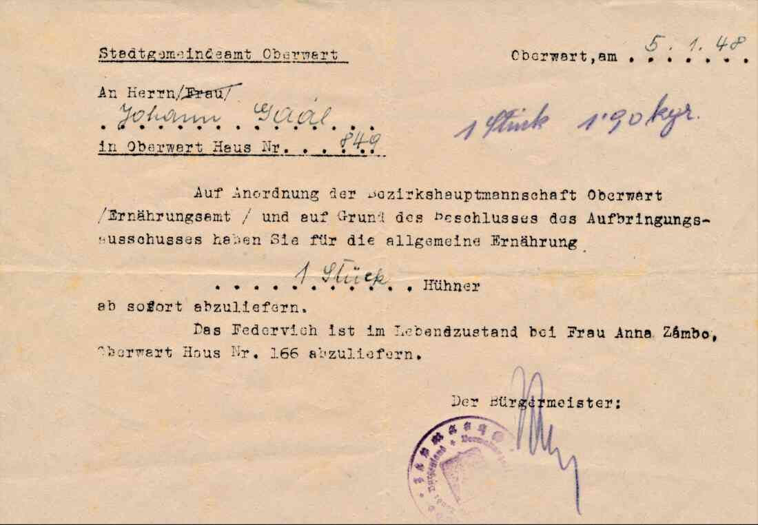 Johann Gaal: Anordnung auf Grund eines Beschlusses des Ernährungsamtes und des Aufbringungsausschusses