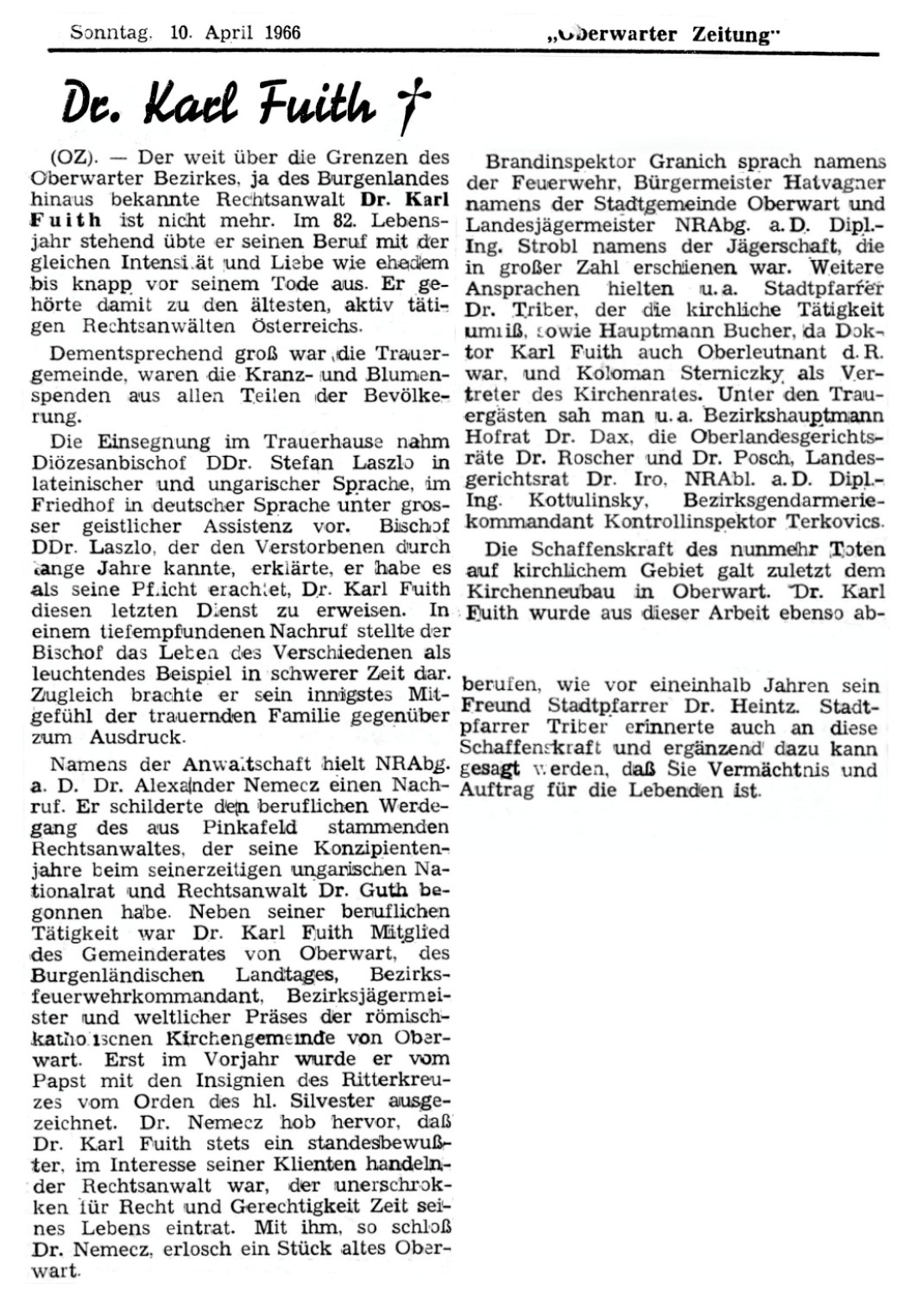Oberwarter Zeitung vom 10. April 1966: Röm. kath. Pfarre - Nachruf zum Tode von Dr. Karl Fuith (*1884/+1966)