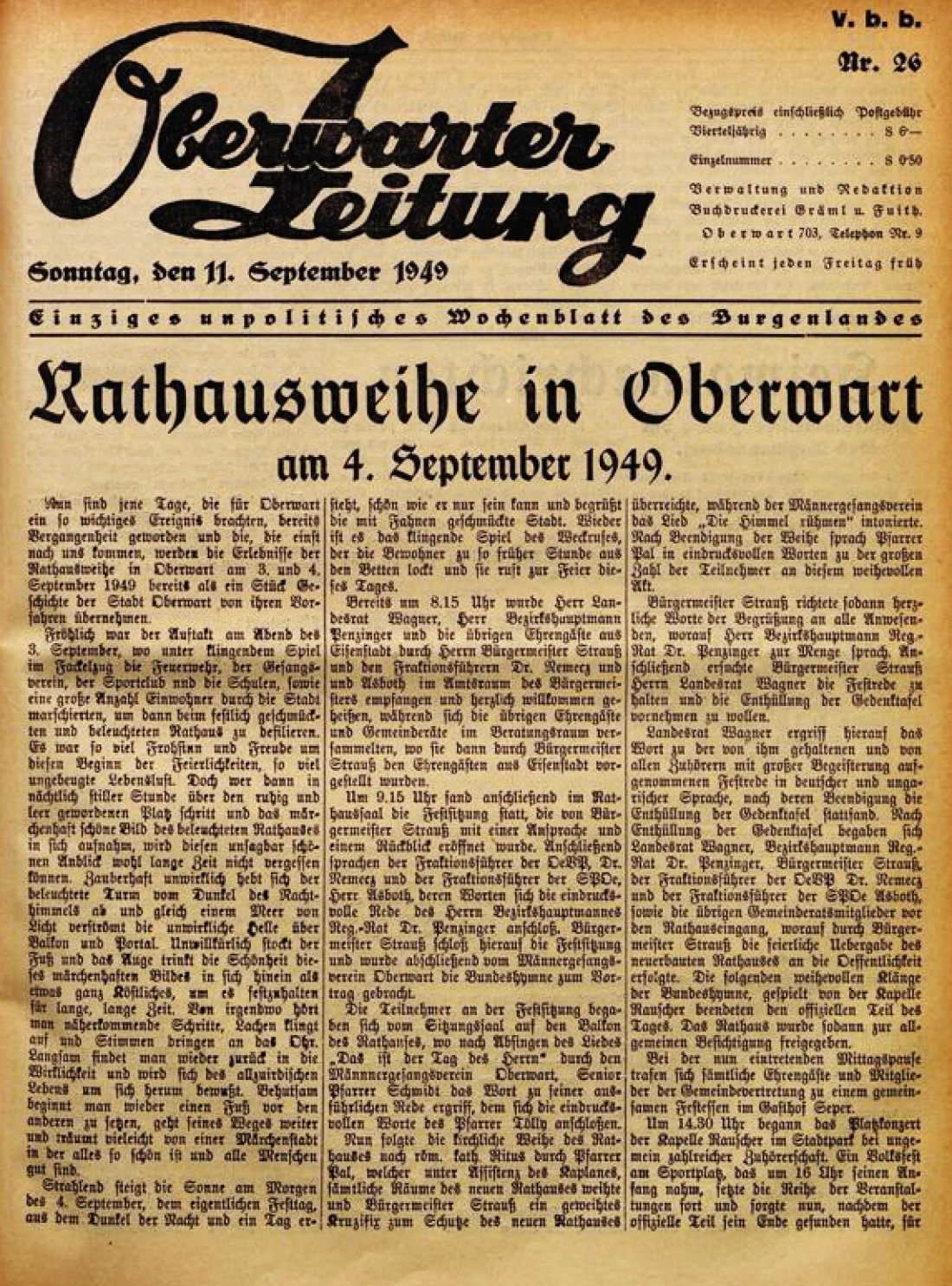 Titelseite der Oberwarther = Sonntagszeitung vom 11. September 1949: ausführlicher Artikel zur Rathausweihe am 4. September 1949