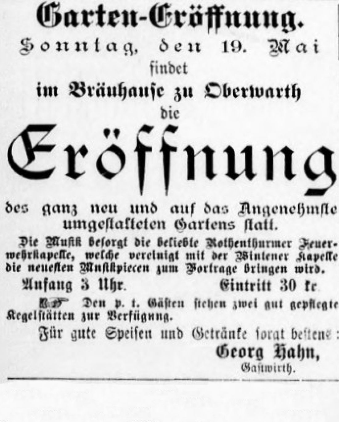 Oberwarther Sonntags-Zeitung vom 19. Mai 1895: Anzeige zur Eröffnung des Bräuhausgartens durch Gastwirth Georg Hahn