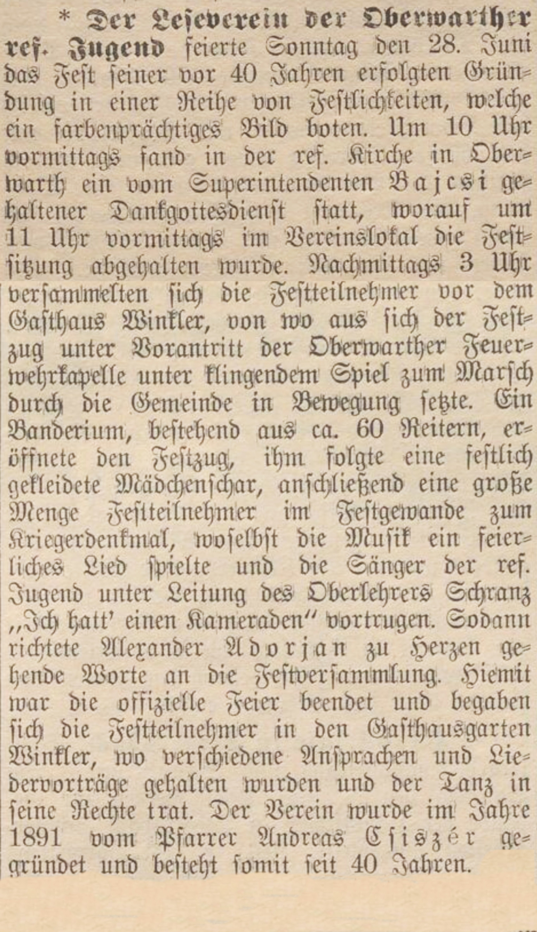 Oberwarther = Sonntagszeitung vom 5. Juli 1931: 1. Feier zum Bestandjubiläum des ref. Lesevereins (Gefeiert wurde der 40. Gründungstag)