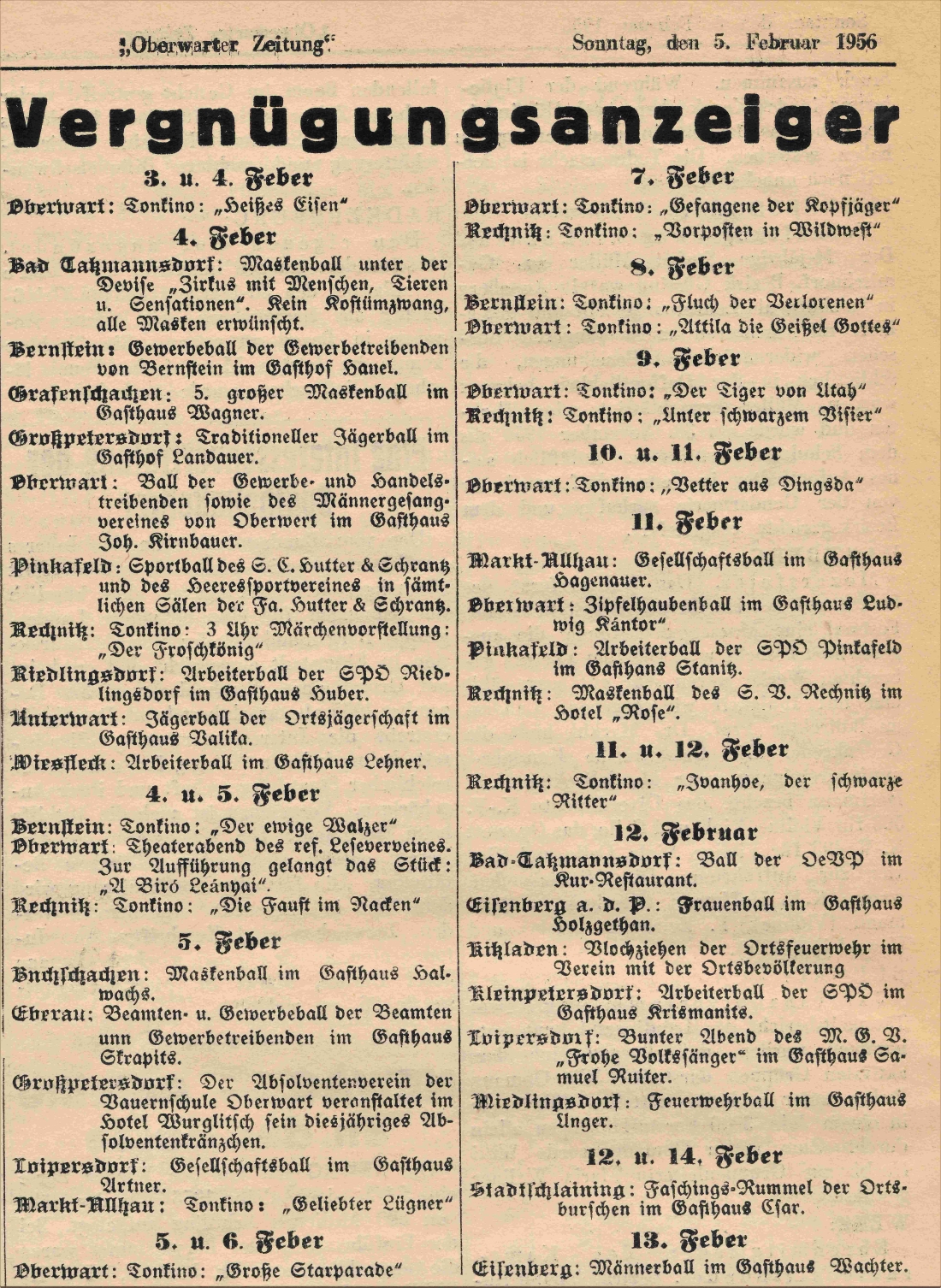 Oberwarter Zeitung: Vergnügungsanzeiger für Oberwart und den Bezirk vom 5. Feber 1956