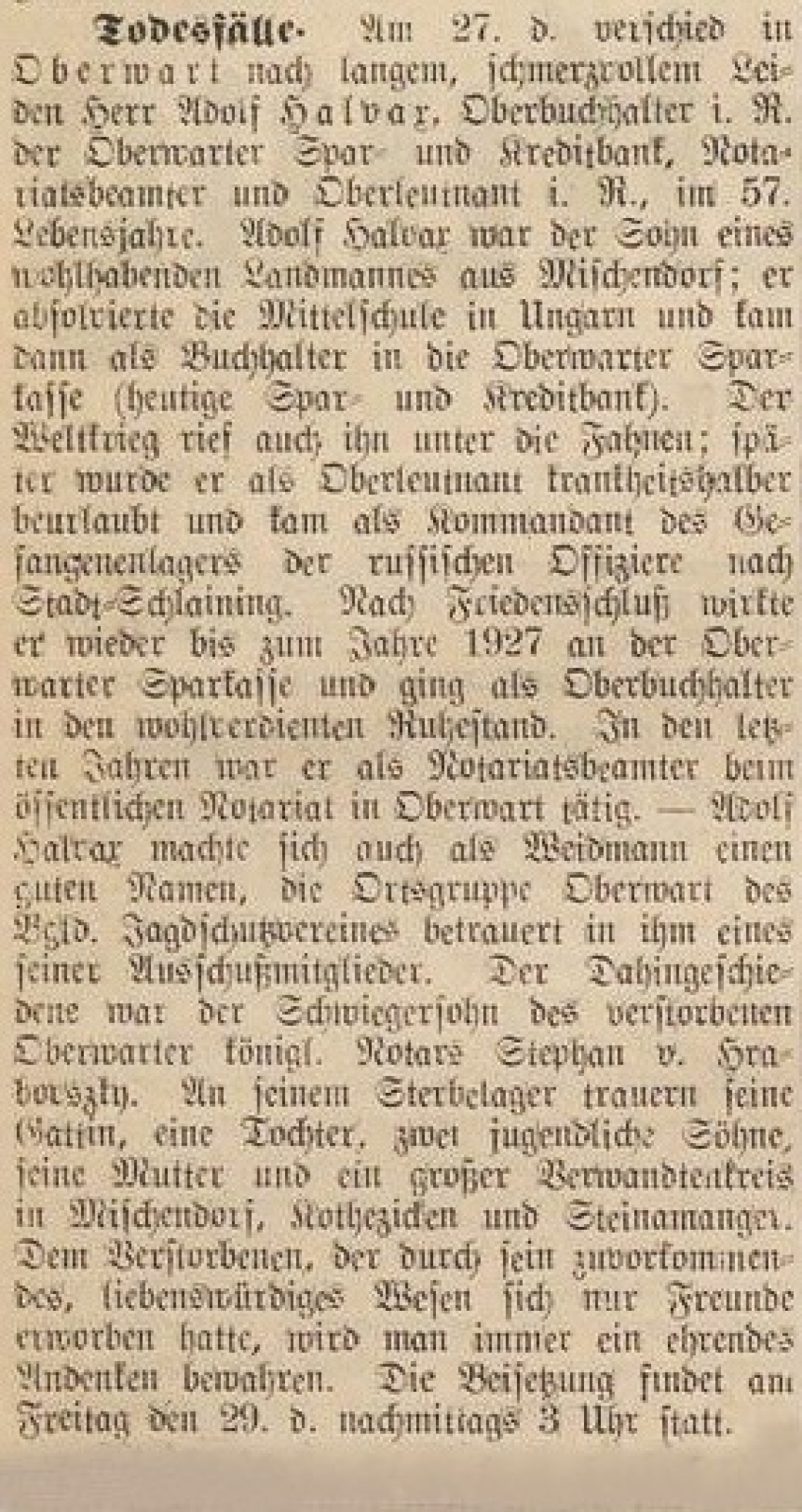 Oberwarther = Sonntagszeitung vom 31. Jänner 1937: Zum Tod von Adolf Halvax (Oberbuchhalter, *1880/+1937)