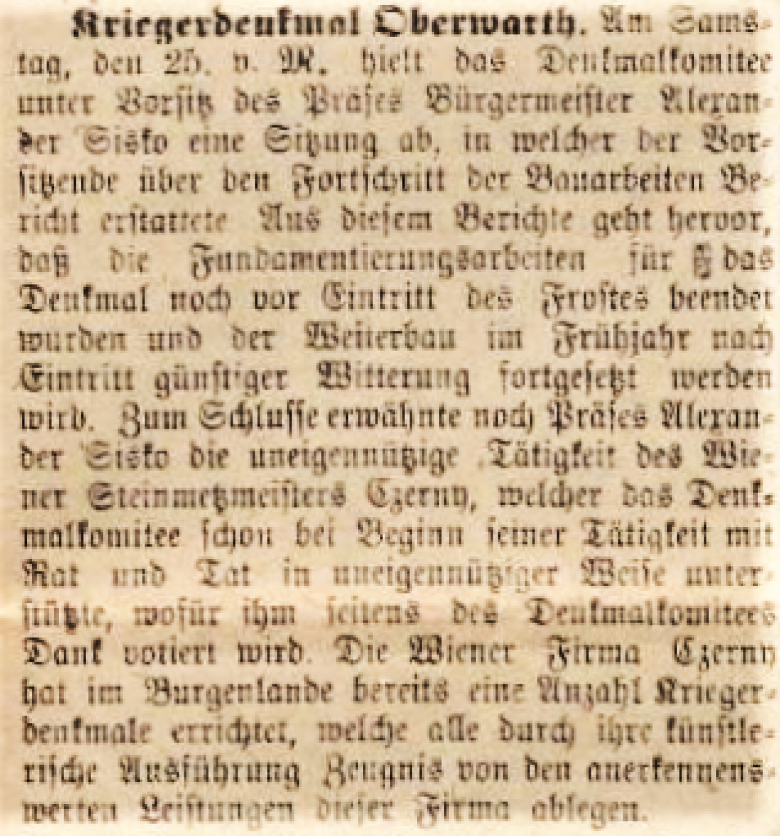 Artikel in der Oberwarther Sonntags = Zeitung vom 3. Dezember 1922 zum Bau des Kriegerdenkmals